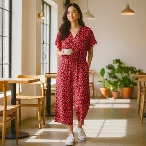 London Times Woman's Wide Leg Stretch Abstract Red/Black Jumpsuit Size 16W NWT